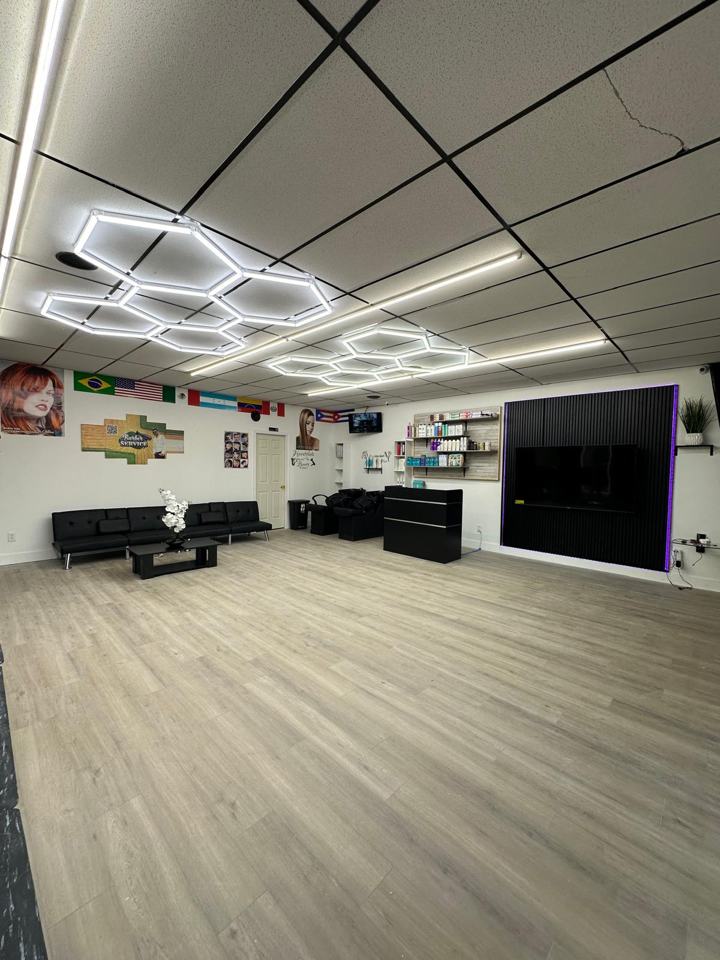 Inside the salon with hexagon ceiling lights